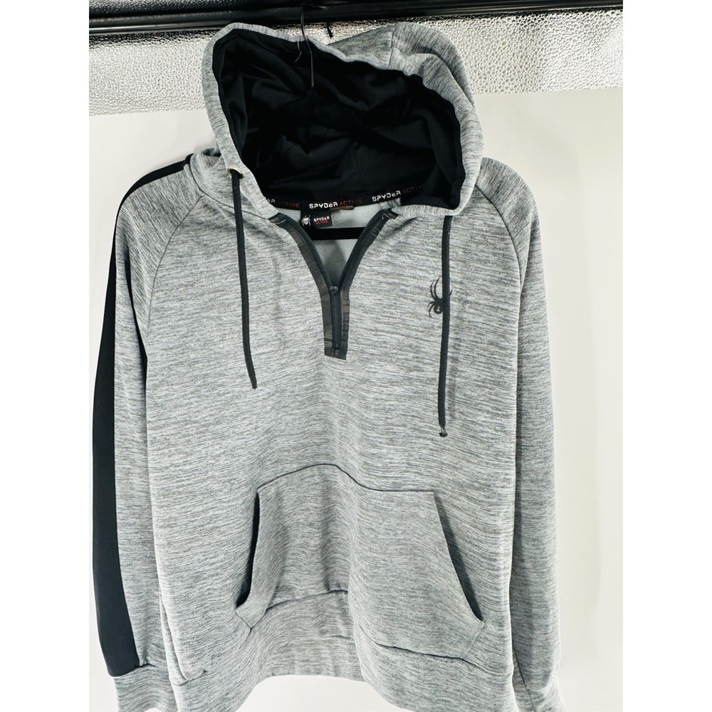 BEST SPYDER MEN MED HEATHER GRAY PULLOVER HOODIE SWEATSHIRT 1/4 ZIP BLACK PANELS